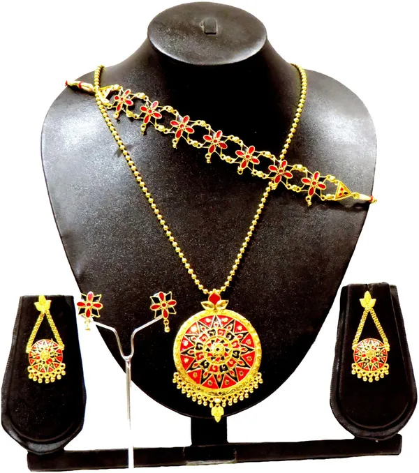 Assamese_Traditional_Gold_Plated_Red_Black_Colour_Combo_Jewellery_Set_For_Women